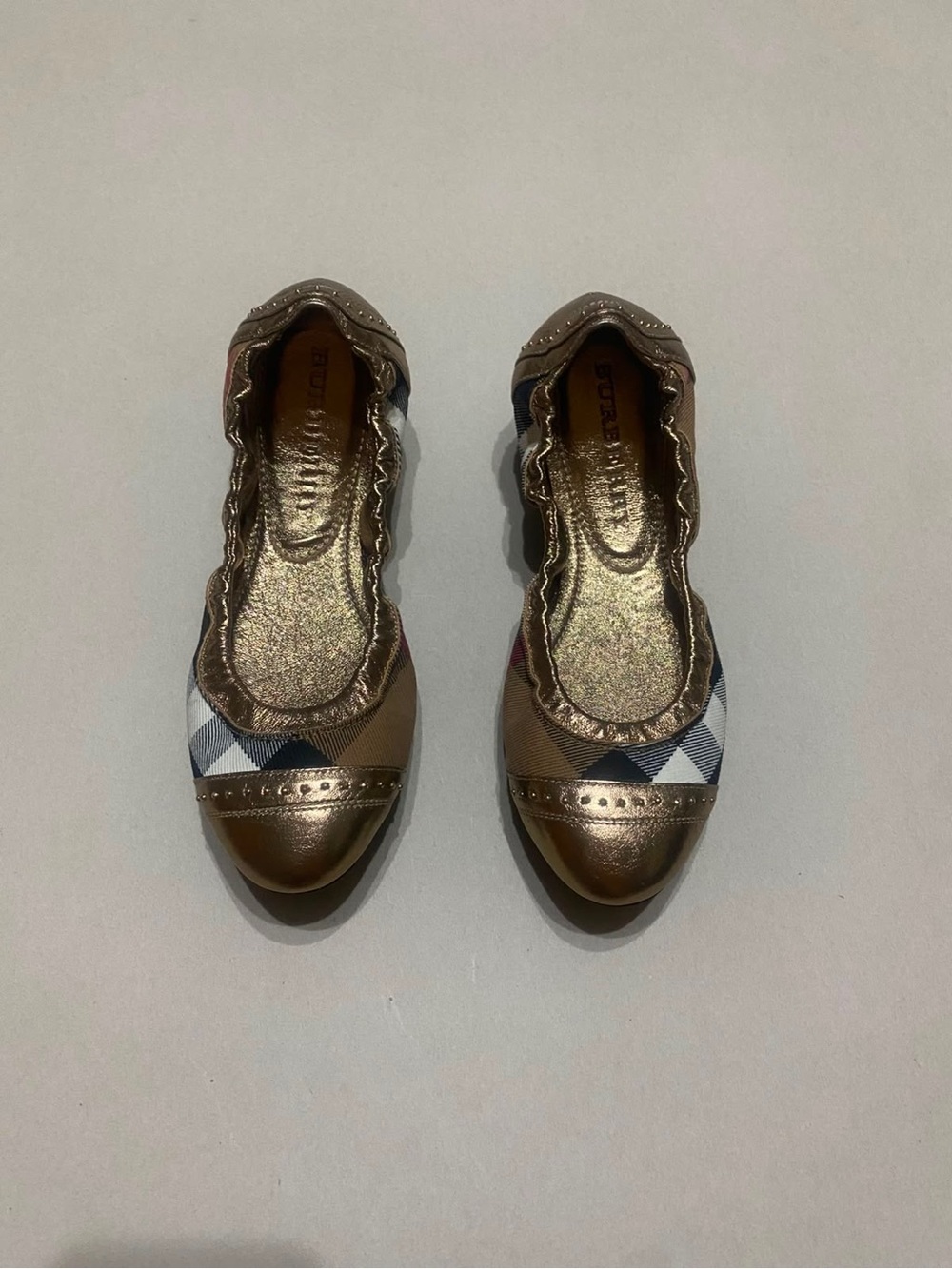 Burberry Gold and Beige Check Foldable Ballet Flats